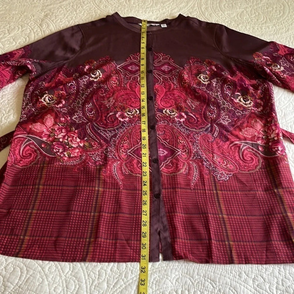 Tunic Top Women’s 2X Paisley & Plaid Print Plum Silky Party Boho - Picture 13 of 16